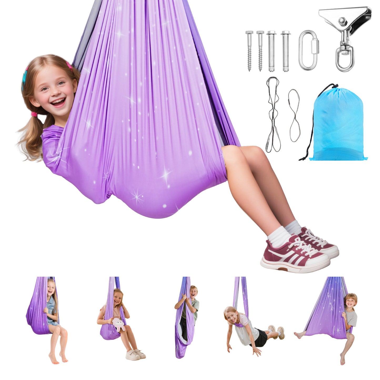 Sensory Swing, Double-Layer Fabric Sensorys Hammock, Indoor & Outdoor Sensory Swing with 360° Swivel Hanger, O-Sling, Holds up to 300lbs, Adjustable Aerial Yoga, Ceiling Swings for Kids