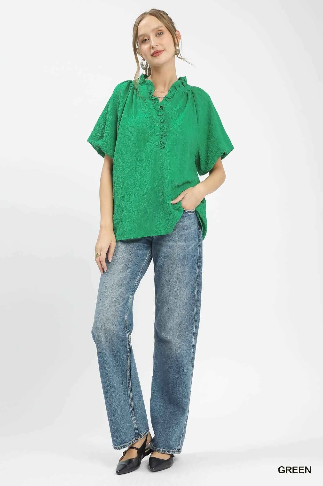 Umgee Puff Sleeve Ruffle Neck Tunic Blouse