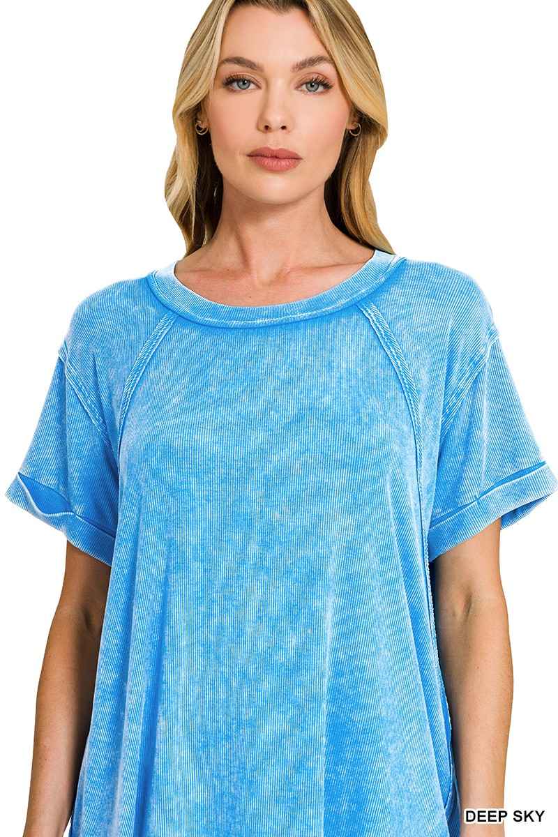 Zenana Washed Ribbed Cuffed Short Sleeve Round Neck Top