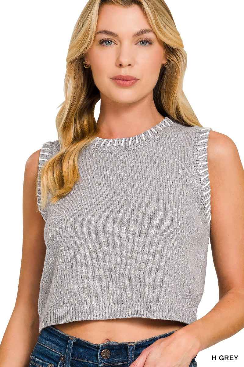 Zenana Stitch Detailed Cropped Sweater Vest