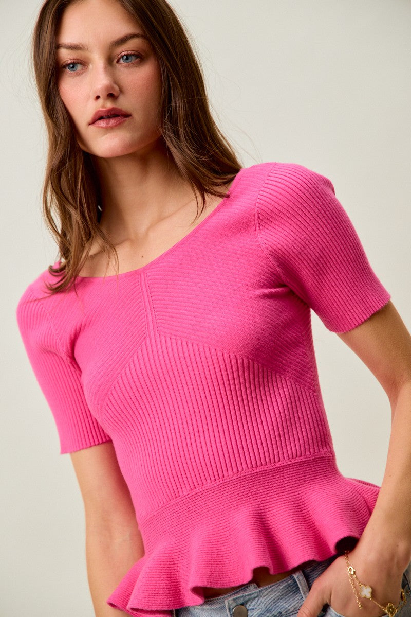 SO ME Ribbed Knit Short Sleeves Peplum