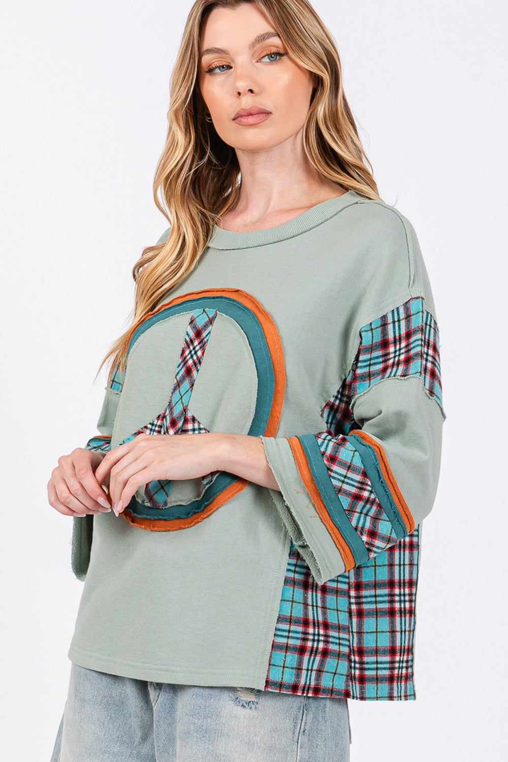 SAGE + FIG Peace Applique Patch Contrast Plaid Top