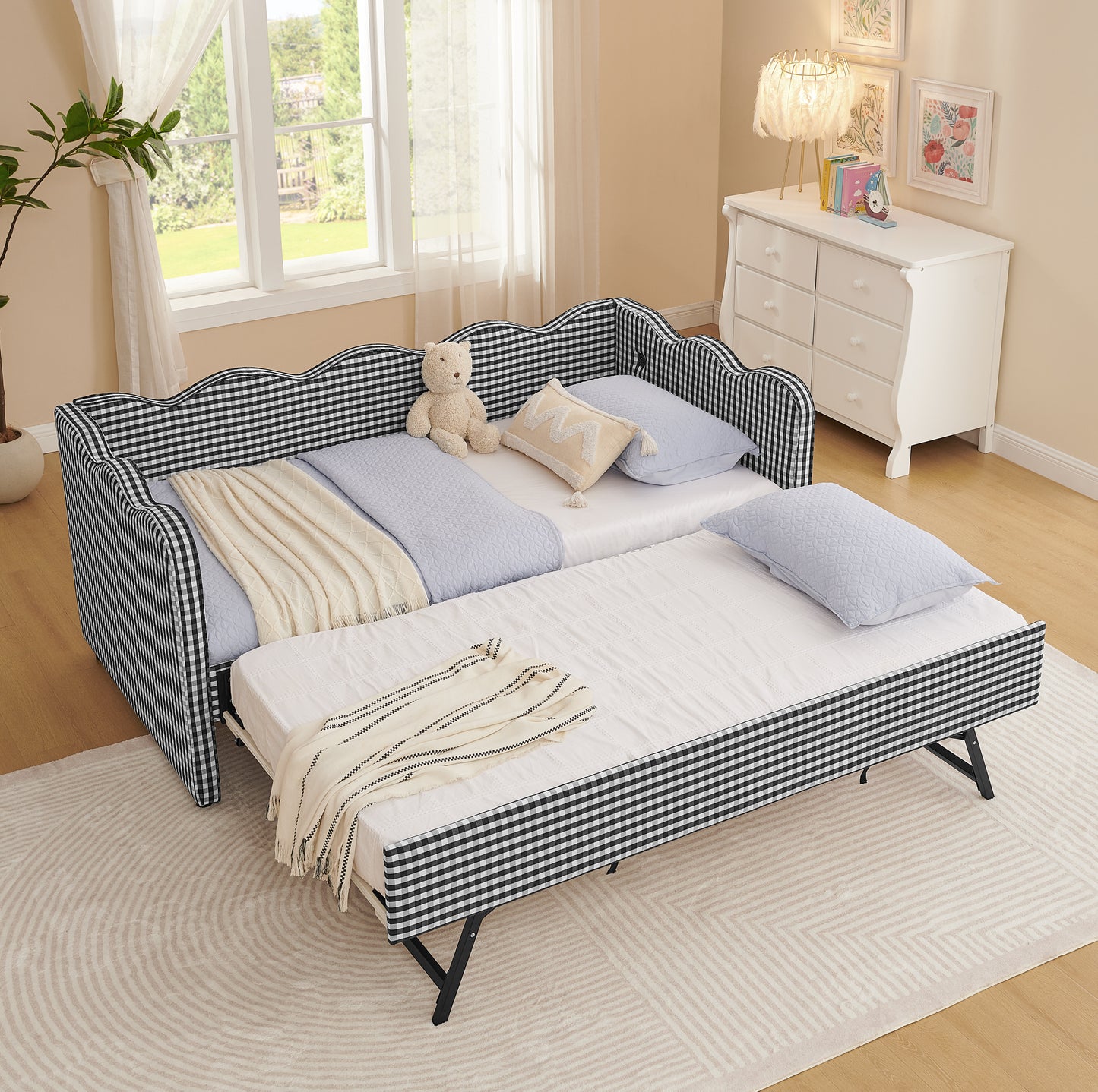 Cozy Gingham Daybed with Trundle Twin Size Sofa Bed No Box Spring Needed, with USB Port and Adorable Wave Shaped, Linen Fabric, Black