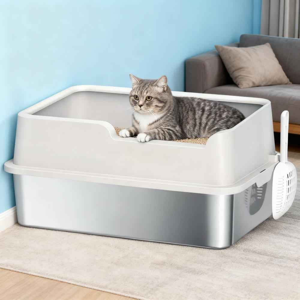 Stainless Steel Litter Box with High Side, Scoop for Big Cats