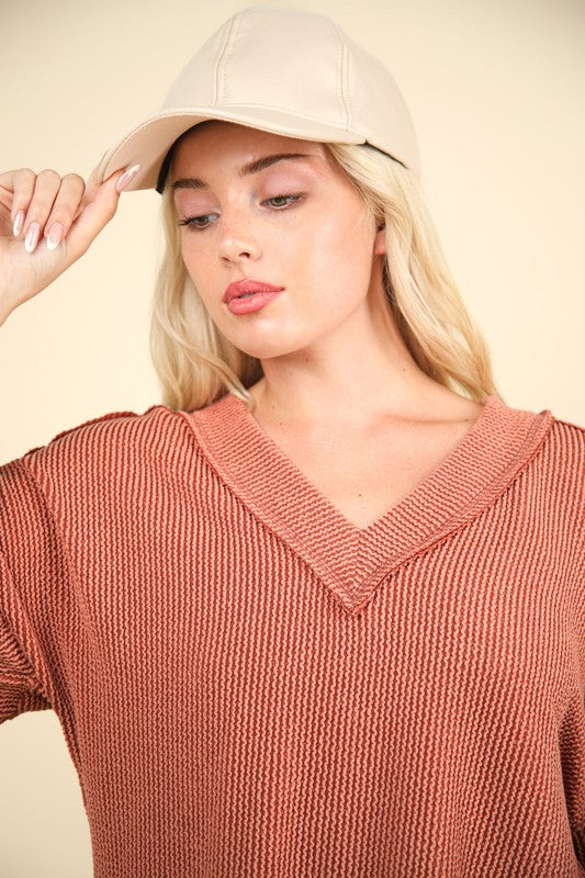 VERY J Two Tone Ribbed V-Neck Exposed Seam Top