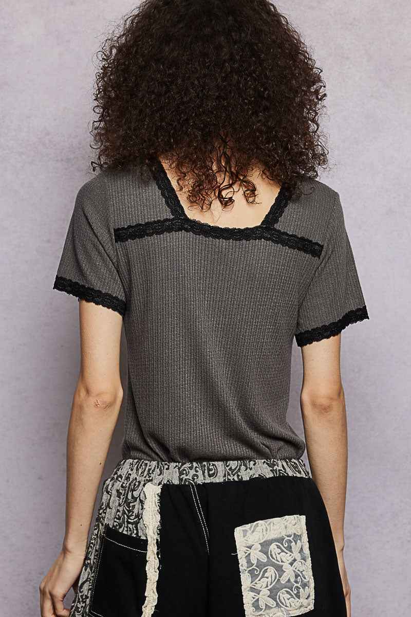 POL Lace Detail V-Neck Short Sleeve Textured T-Shirt
