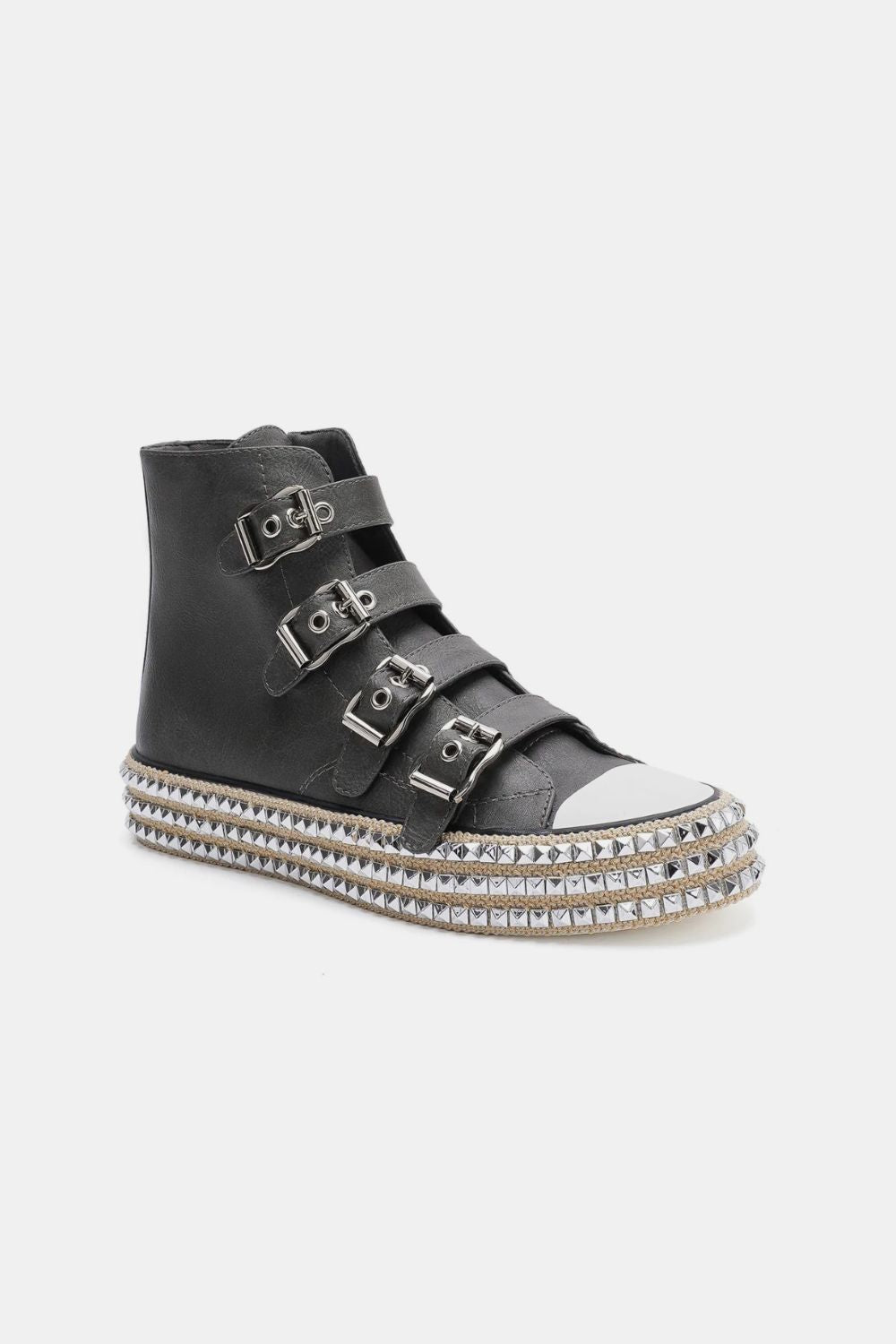 Beast Fashion Multi-Buckle Straps Studded Platform Sneakers