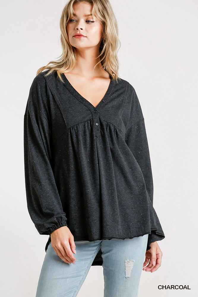 Confetti Detailed Long Puff Sleeve Babydoll Top With Button Front And Raw Hem