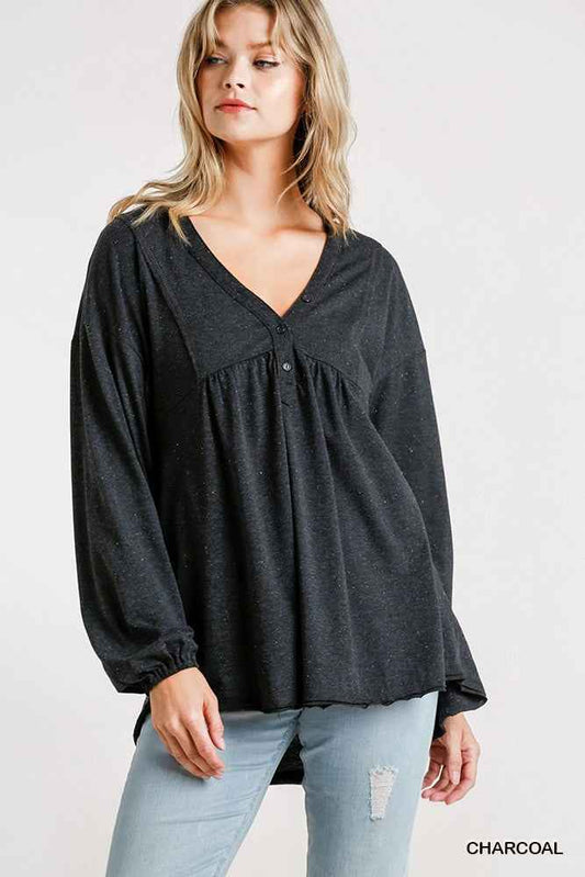 Confetti Detailed Long Puff Sleeve Babydoll Top With Button Front And Raw Hem