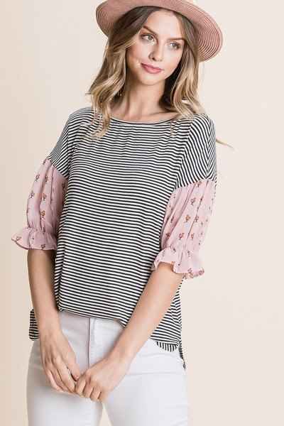 Cute Striped Curved Hem Casual Top