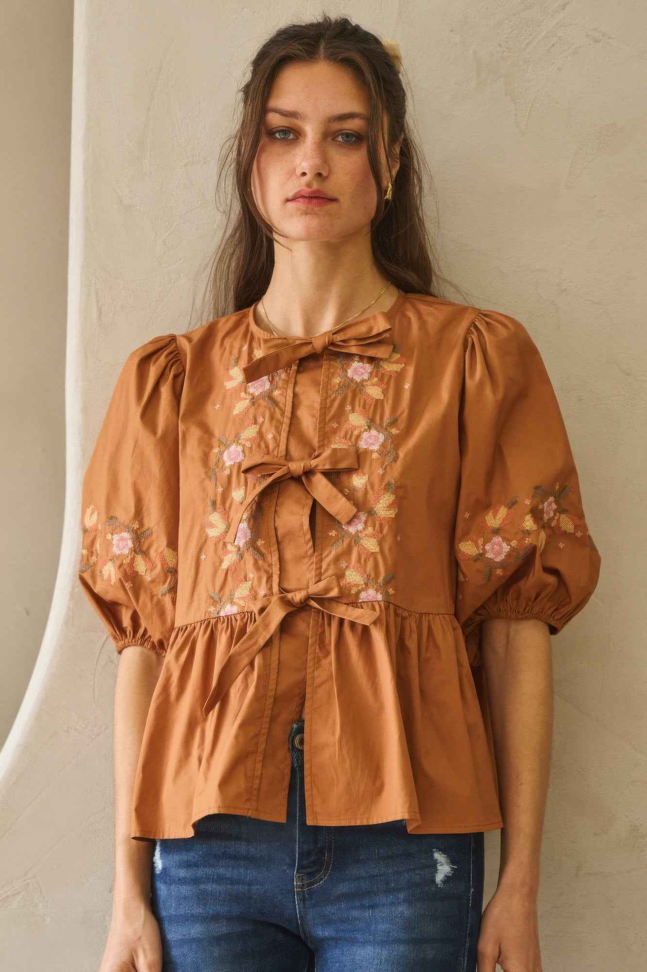 Poplin Front Ribbon Tie Blouse