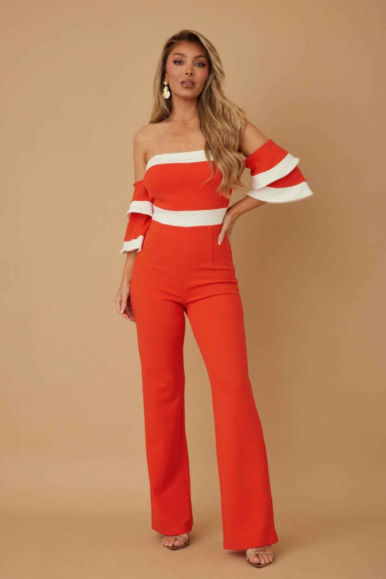 Off Shoulder Black N White Color Combo Jumpsuit