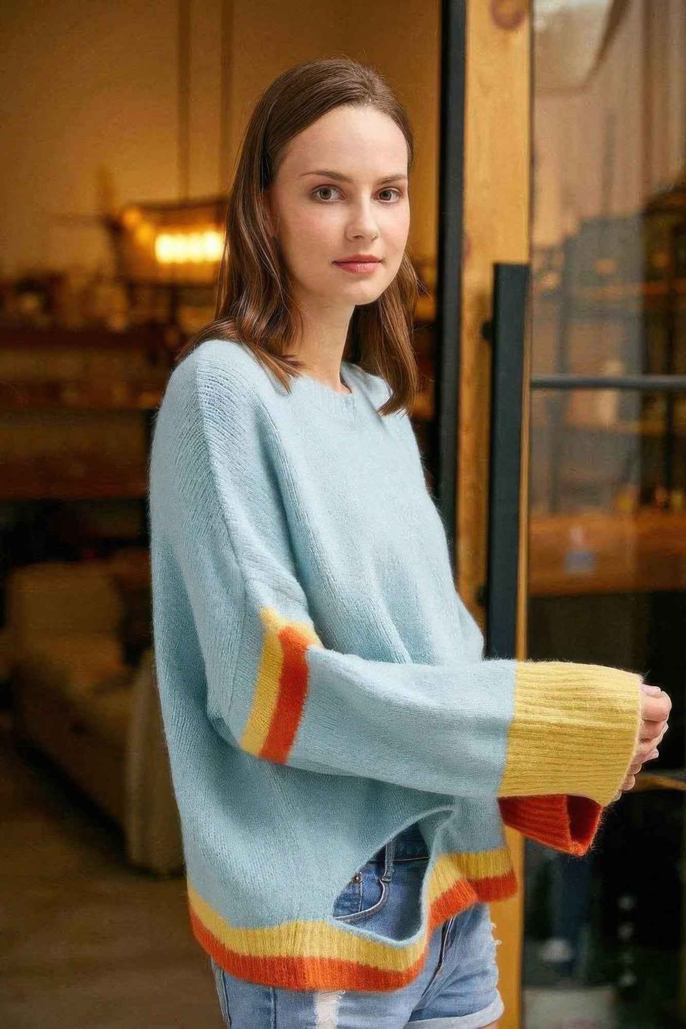 Color Block Sweater With Cut Out