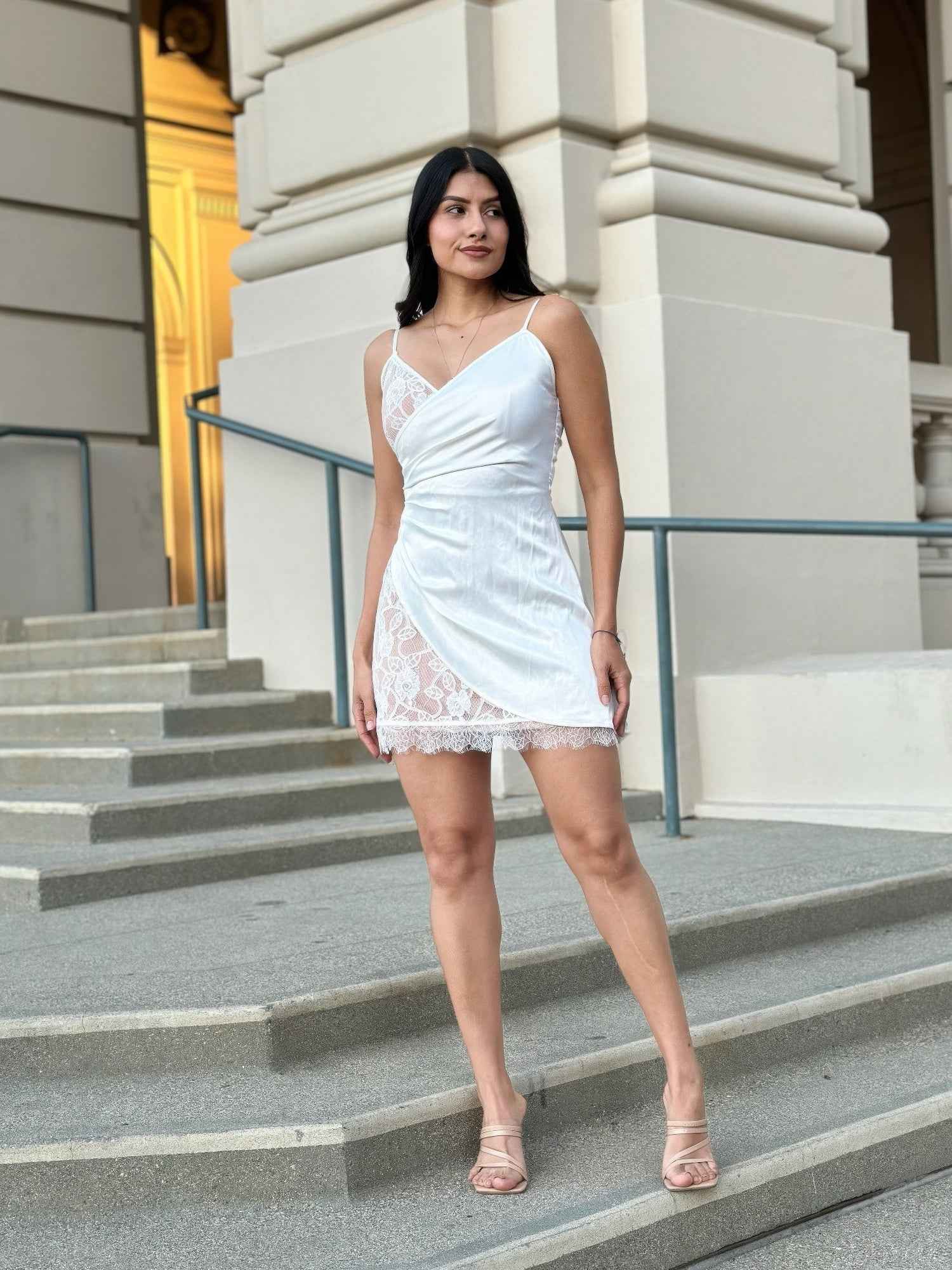 Sexy Party Satin Wrap Like & Lace Nude Mini Dress
