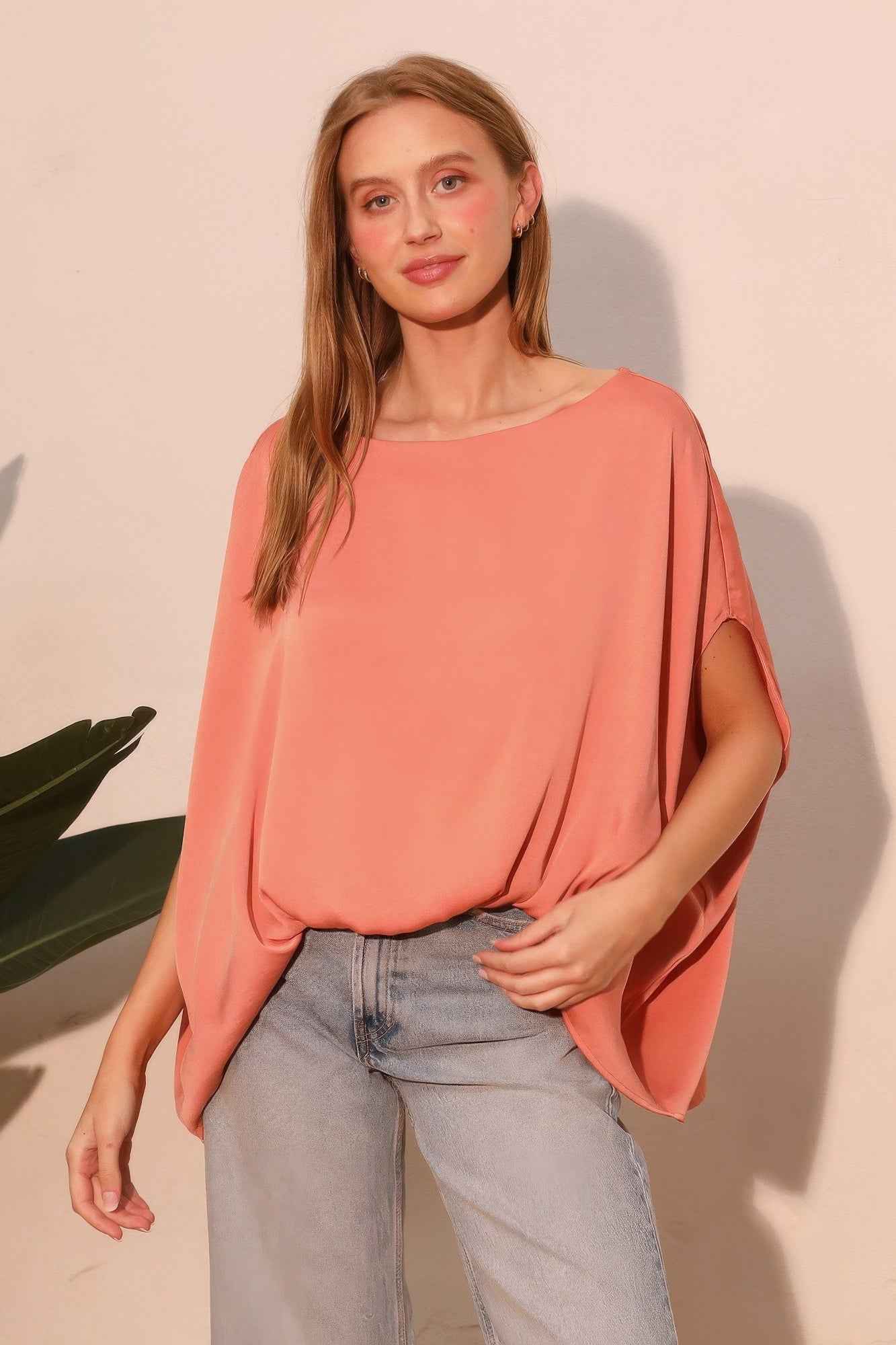 Washed Poly Silk Boat Neck Caftan Top