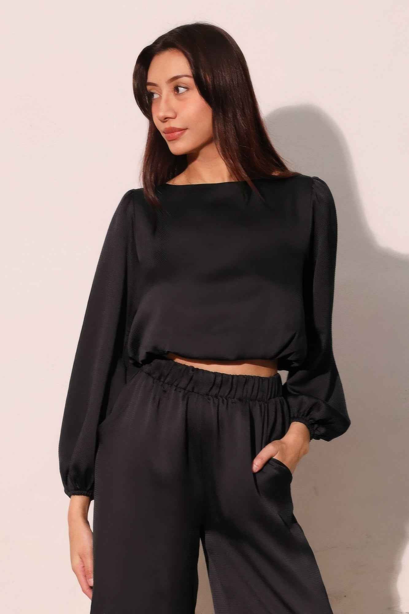 Hammered Satin Long Sleeve Crop Top