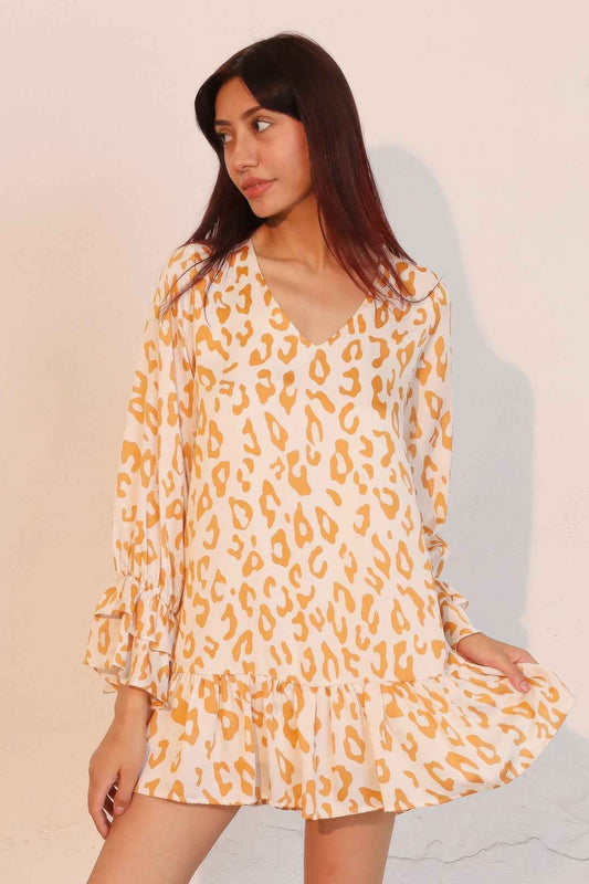 Simple Leopard Dress With Ruffle Cuff