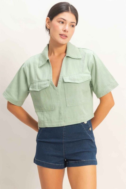Collared V-neck Top