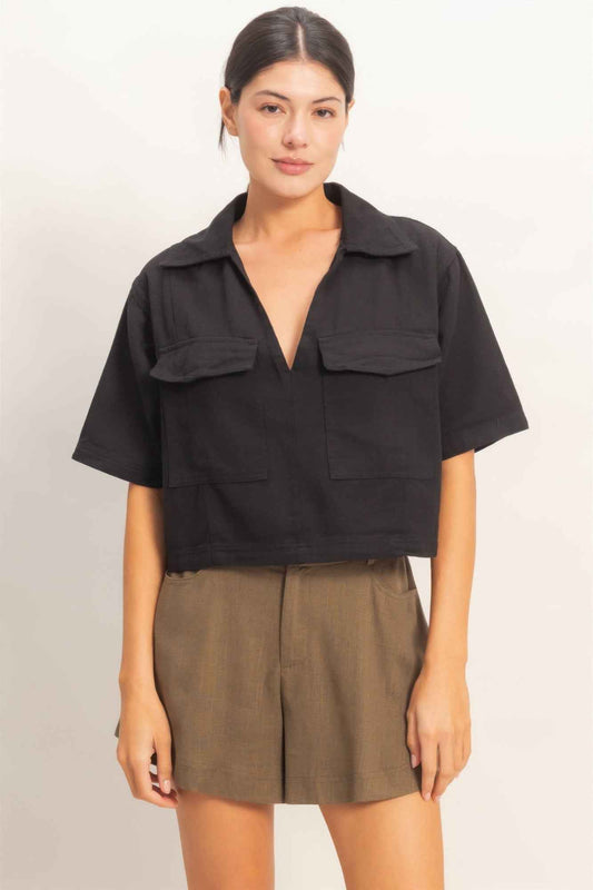 Collared V-Neck Short Sleeve Utility Shirt