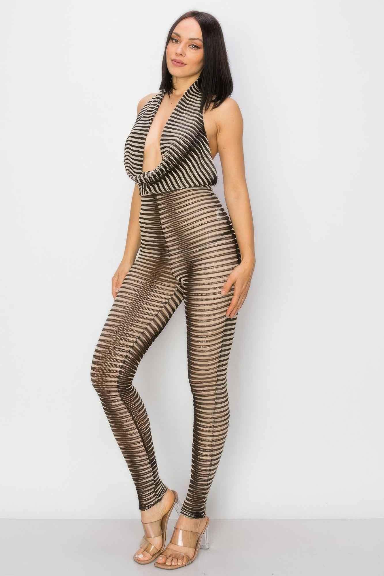 Cowl Neck Knit Mesh Jumpsuit