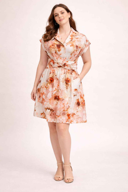 Plus Size Floral Waist Tie Shirt Dress