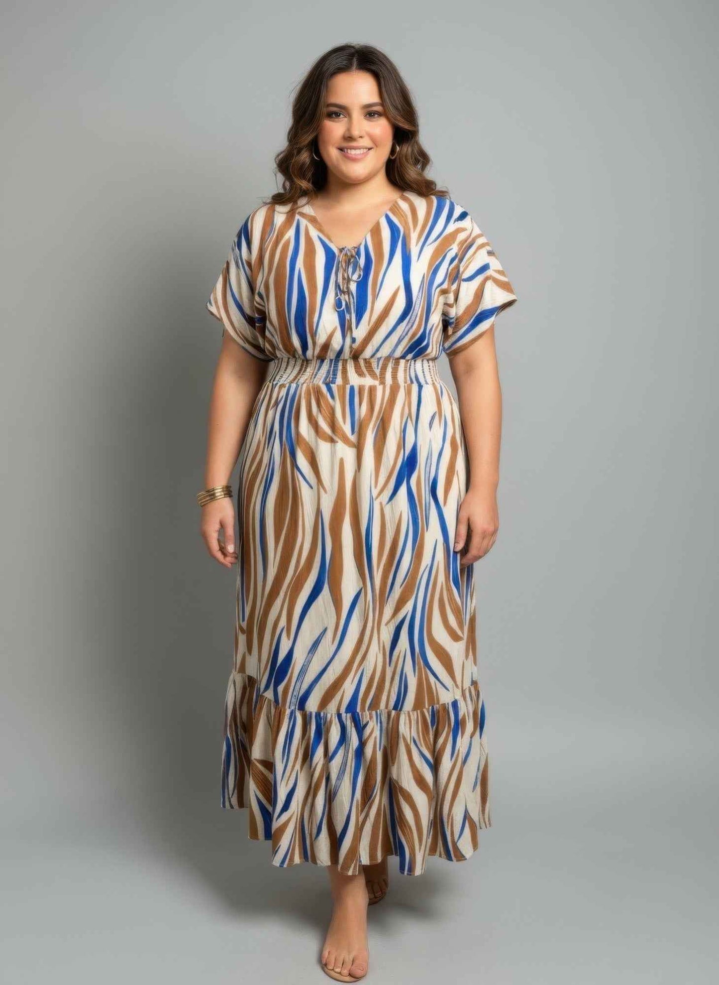 Zebra Print Smocked Waist Tiered Midi Dress