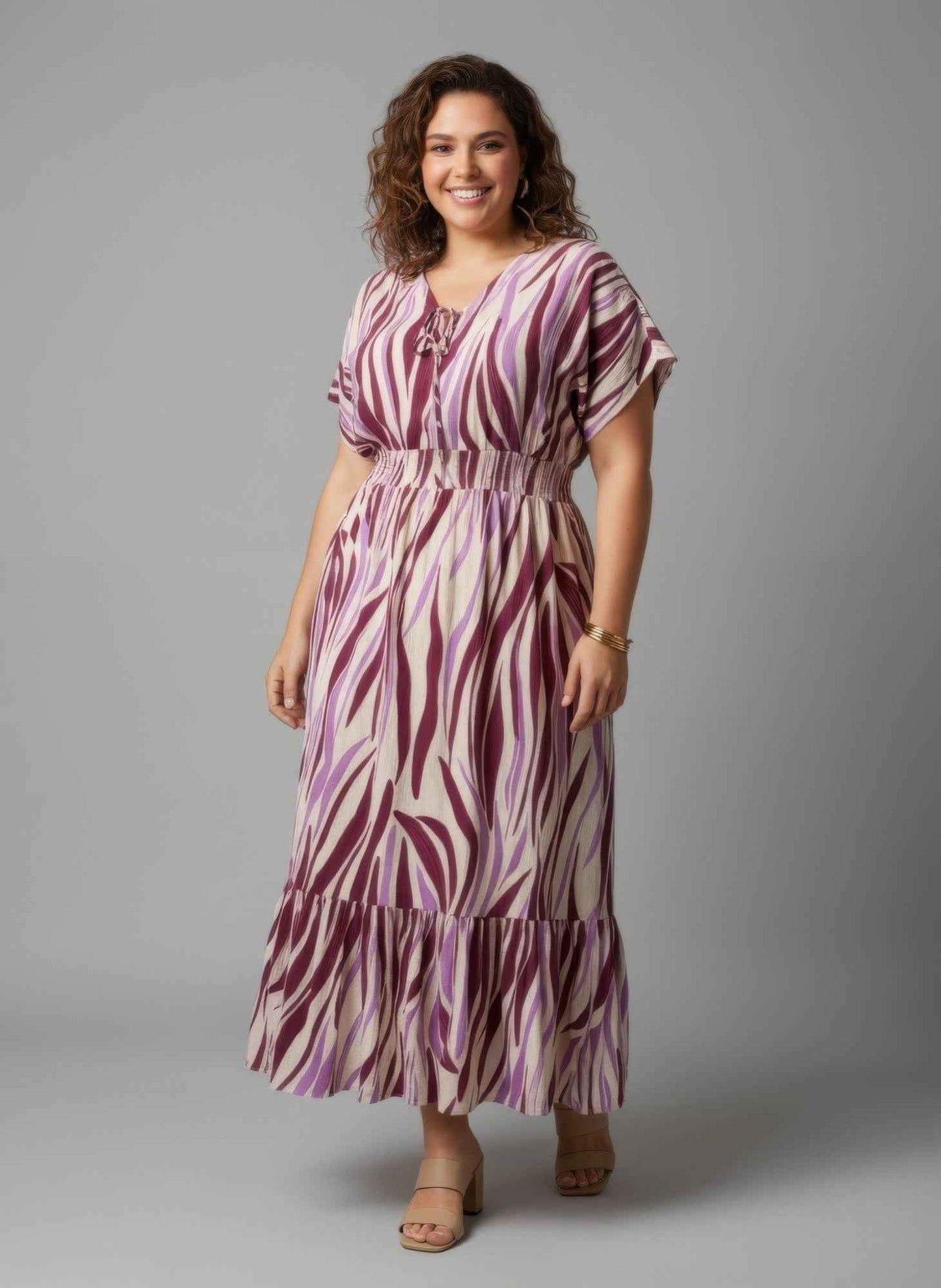 Zebra Print Smocked Waist Tiered Midi Dress