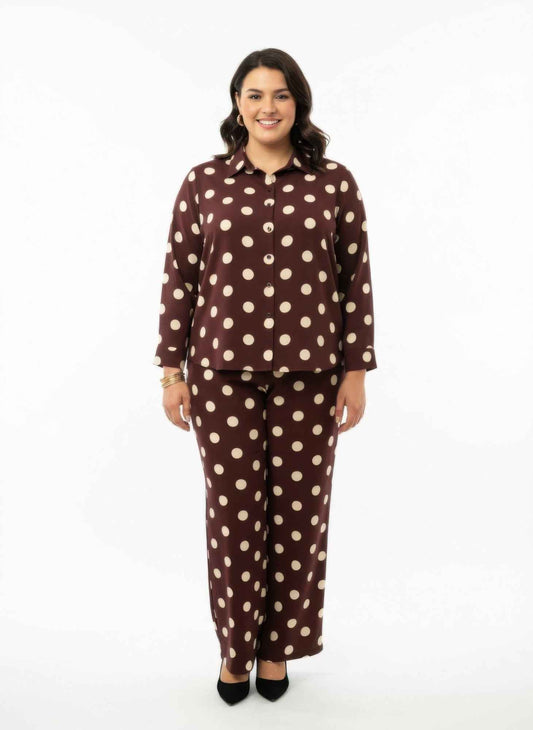 Dot Button-up Top & Wide Leg Pants Set