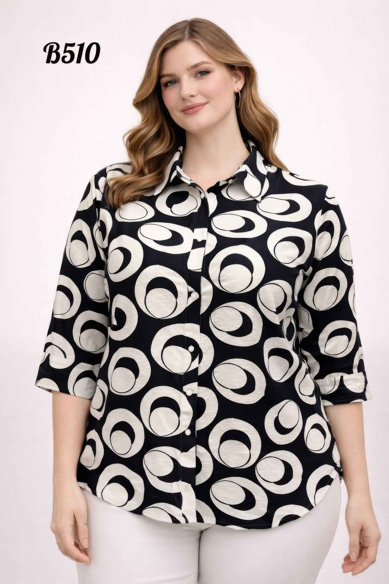 Geo Circle Print 3/4 Sleeve Button-up Shirt