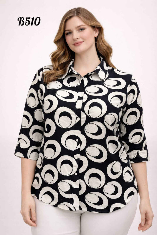 Geo Circle Print 3/4 Sleeve Button-up Shirt