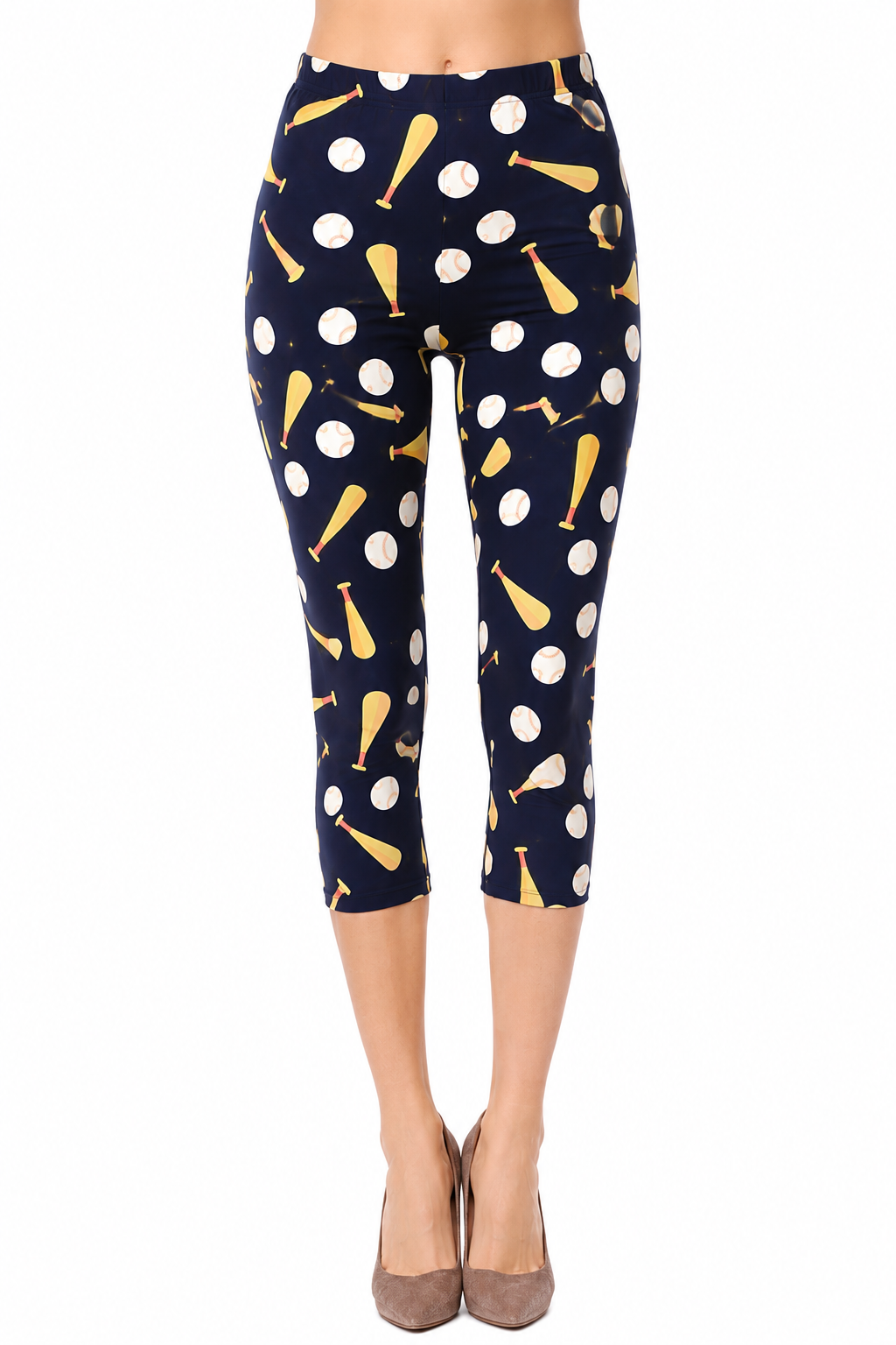 Baseball Printed, High Waisted Capri Leggings In A Fitted Style With An Elastic Waistband