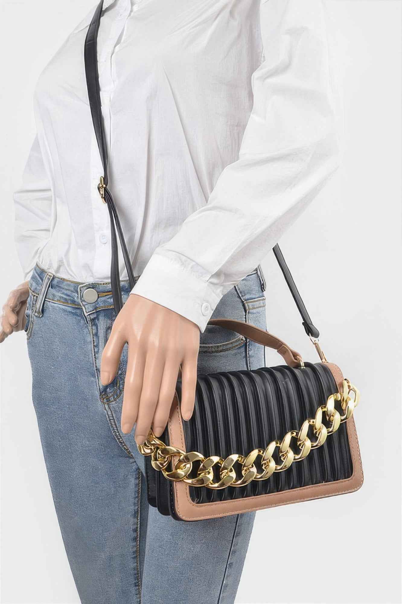 Pleated Faux Leather Color Chain Bag