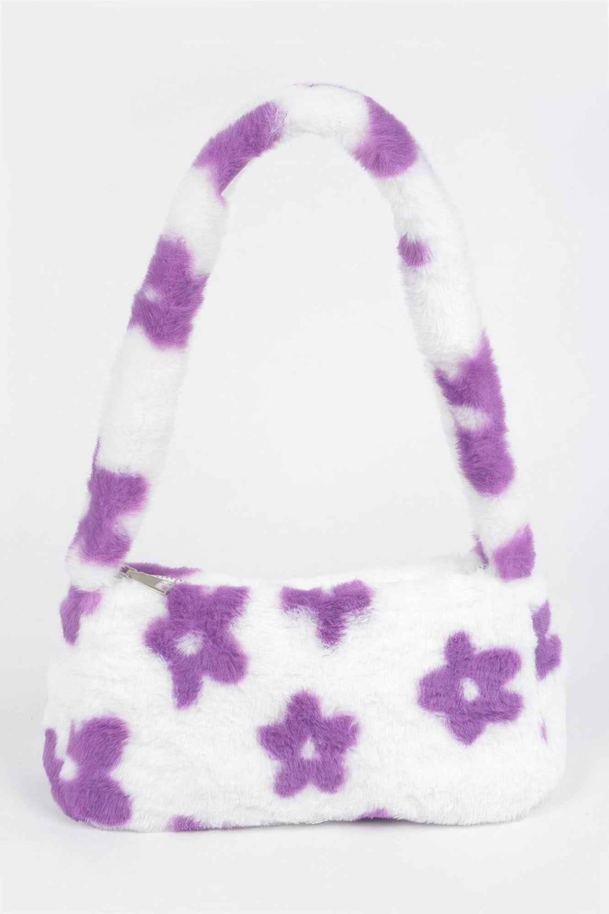 Faux Wool Flower Print Shoulder Bag