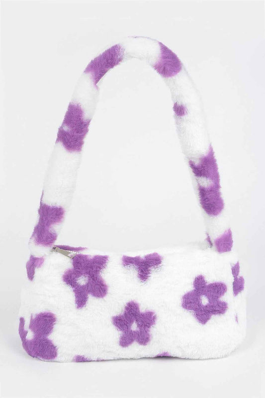 Faux Wool Flower Print Shoulder Bag
