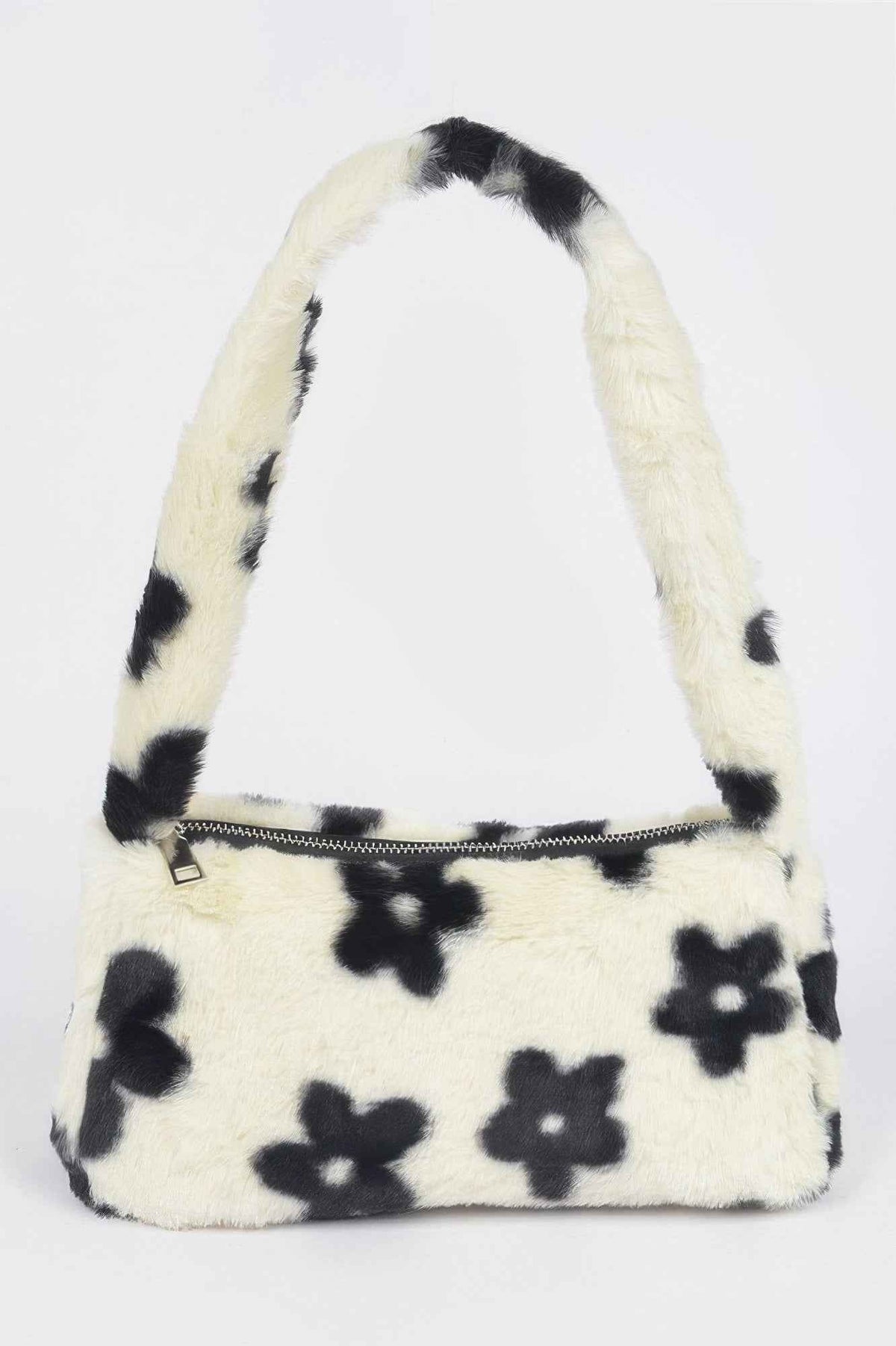Faux Wool Flower Print Shoulder Bag
