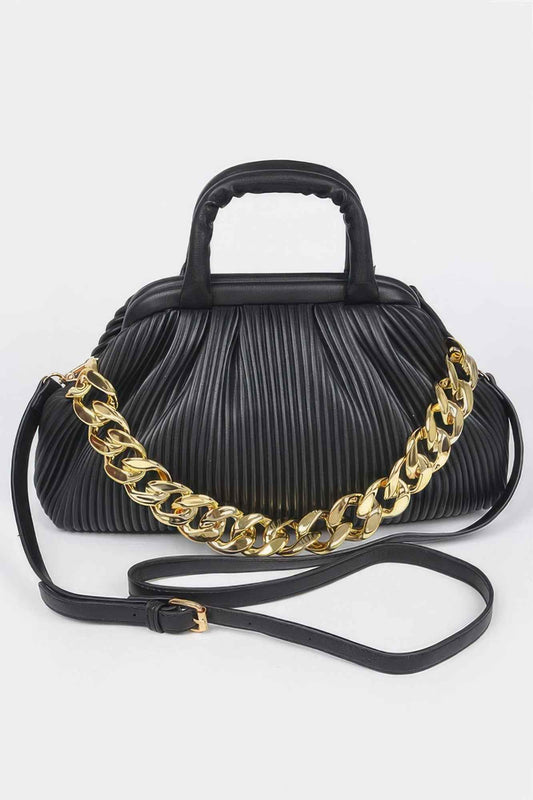 Pleated Faux Leather Top Handle Bag