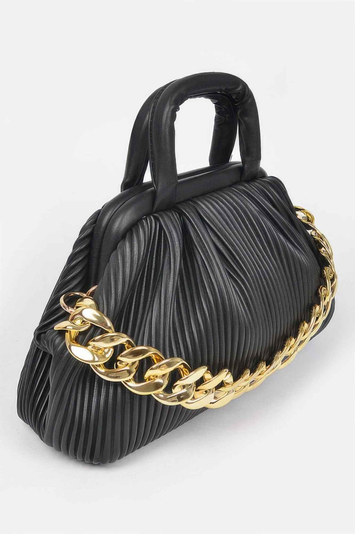 Pleated Faux Leather Top Handle Bag