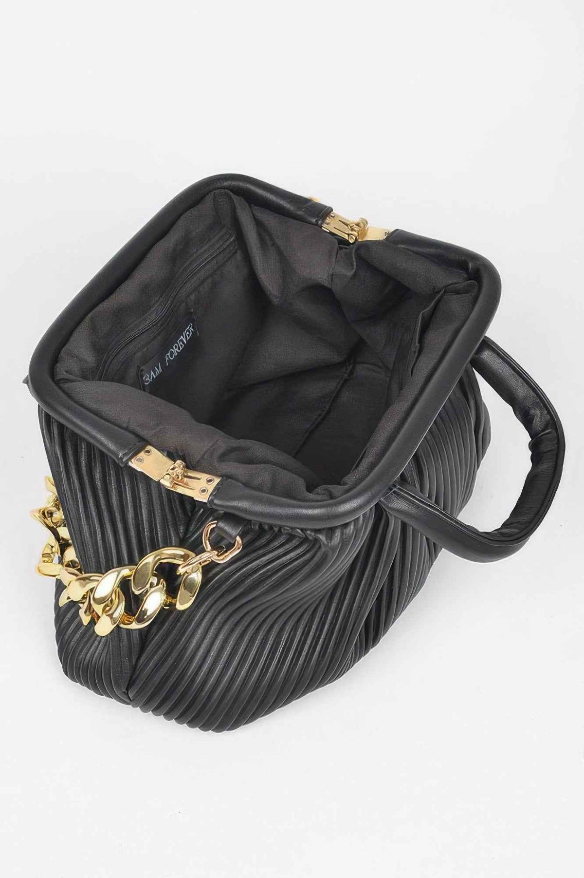 Pleated Faux Leather Top Handle Bag