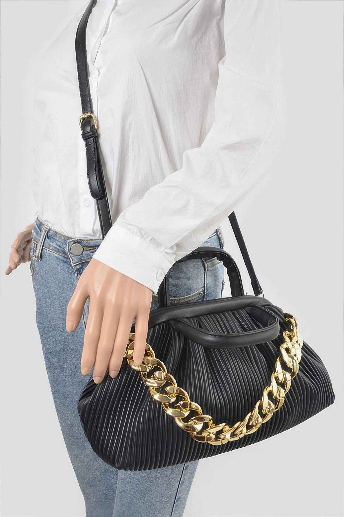 Pleated Faux Leather Top Handle Bag
