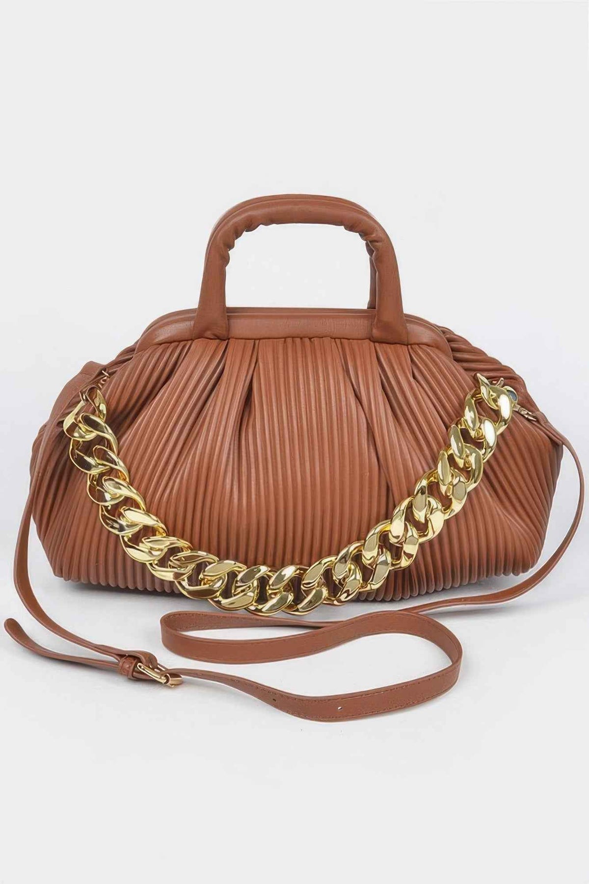 Pleated Faux Leather Top Handle Bag