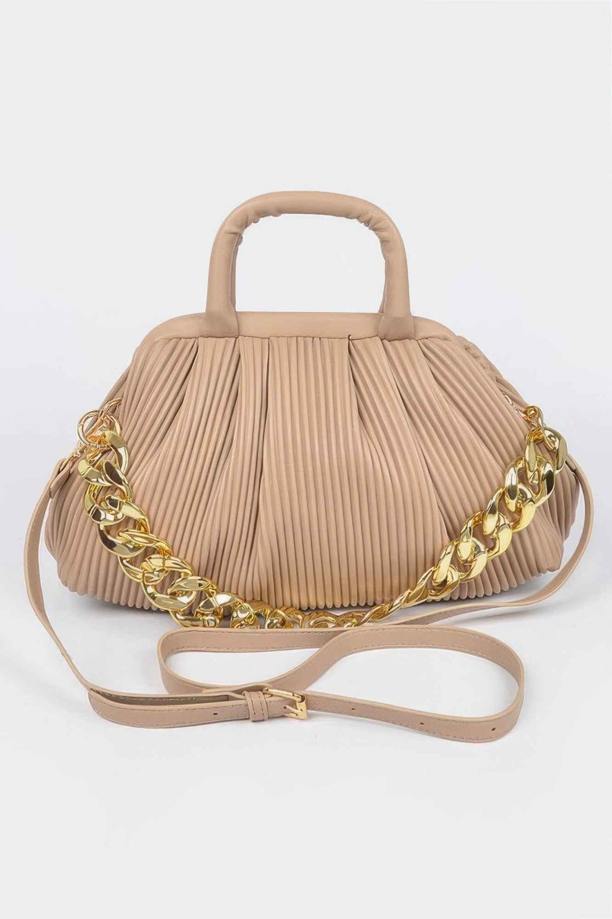 Pleated Faux Leather Top Handle Bag