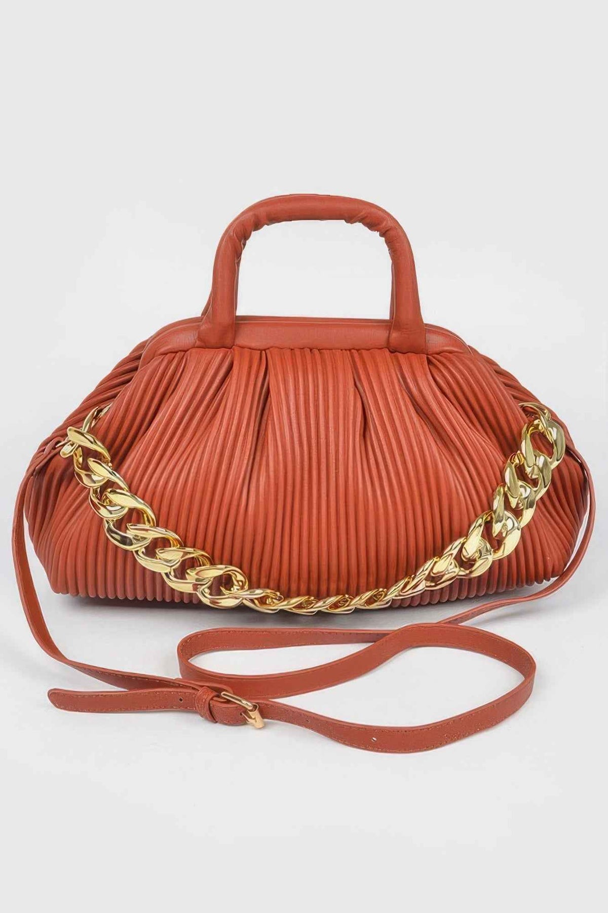 Pleated Faux Leather Top Handle Bag