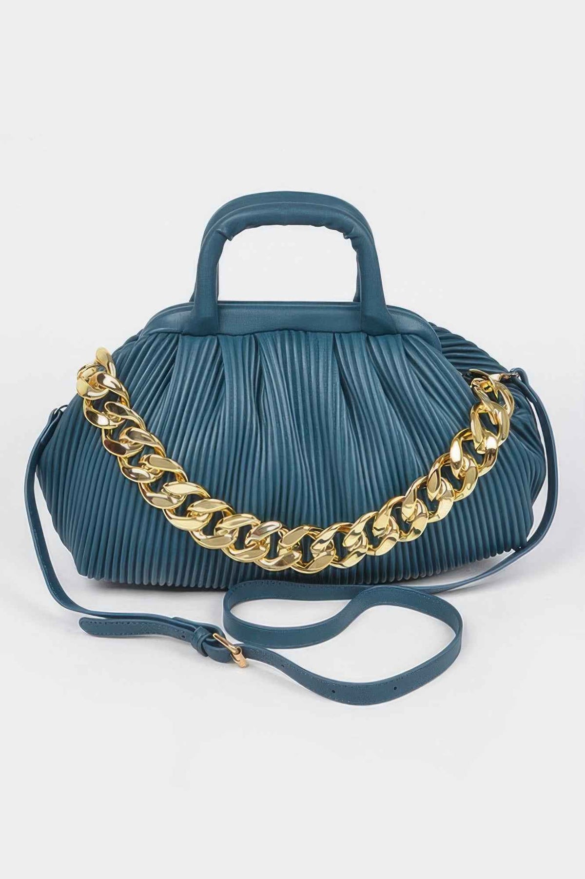 Pleated Faux Leather Top Handle Bag