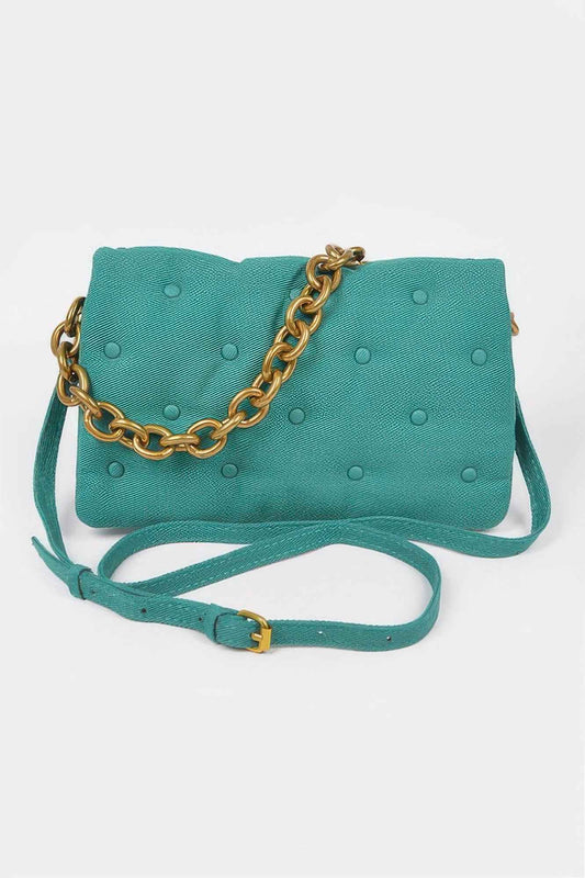 Cotton Canvas Studded Chain Shoulder Bag