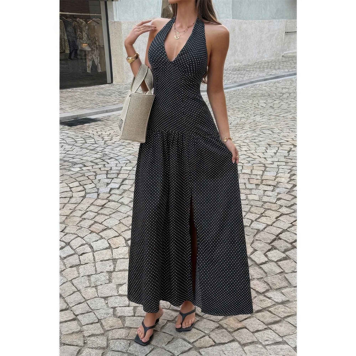 Polka Dot Vintage Halter Neck Maxi Dress