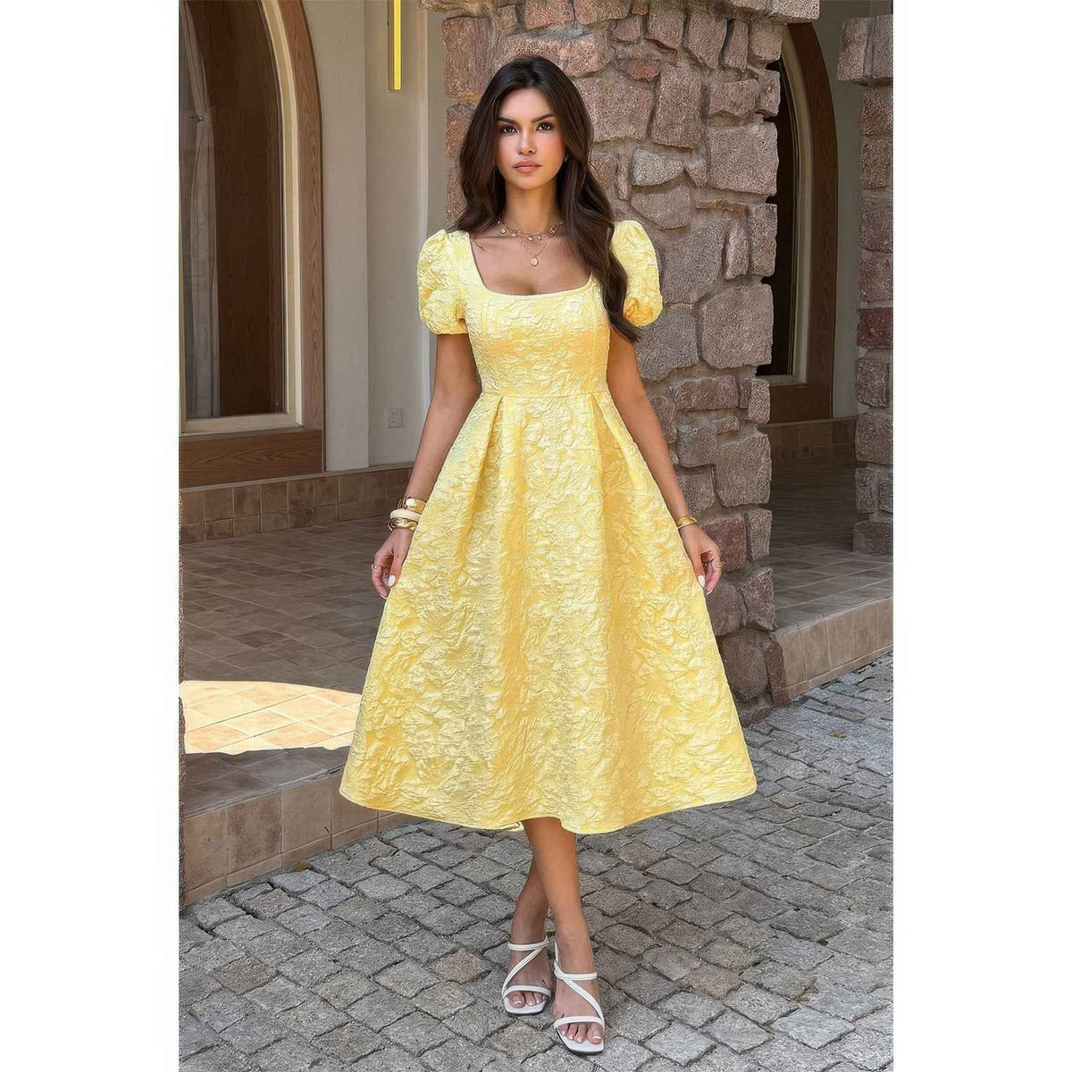 Solid Square Neck Puff Sleeve Midi Dress
