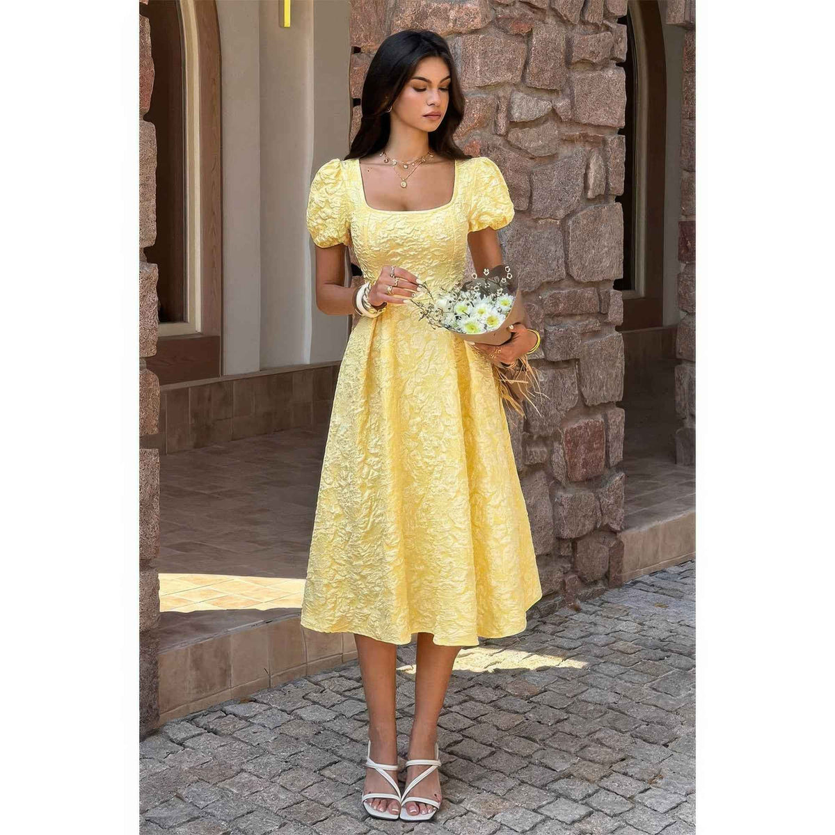 Solid Square Neck Puff Sleeve Midi Dress