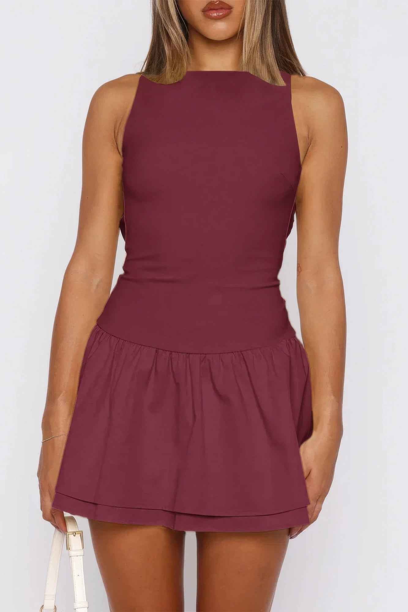 Boat Neck Sleeveless Ruched Ruffle Hem Mini Dress