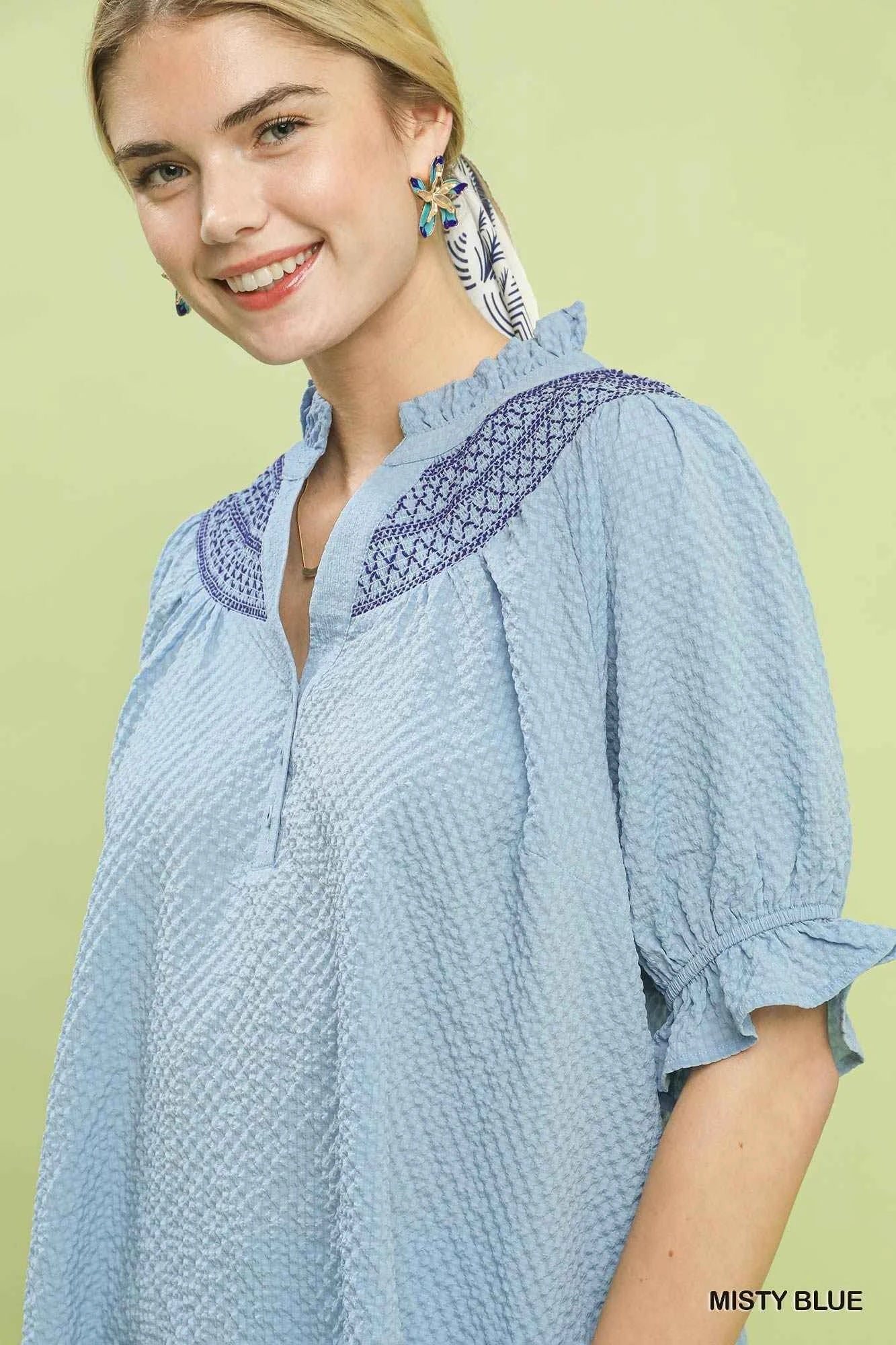 Umgee Textured Henley Blouse with Ruffle Cuffs
