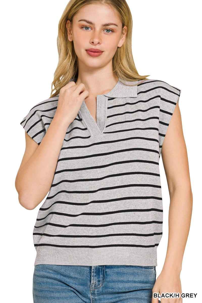 Zenana Viscose Striped Collared Sweater Vest